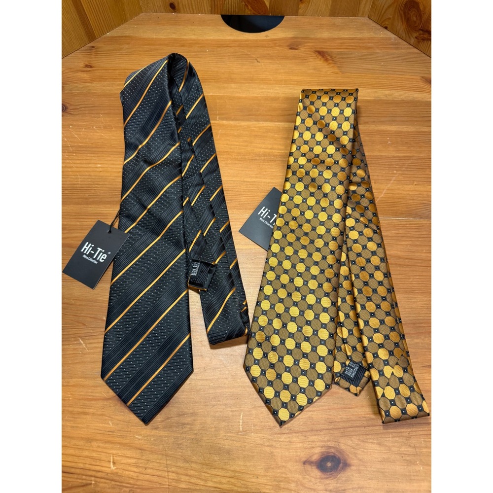 Hi-Tie Mens 100% Silk Necktie Lot 2pc Black Gold Striped Geometric Hand Tailored
